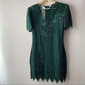DENISE ELLE BEADED DRESS GREEN VTG